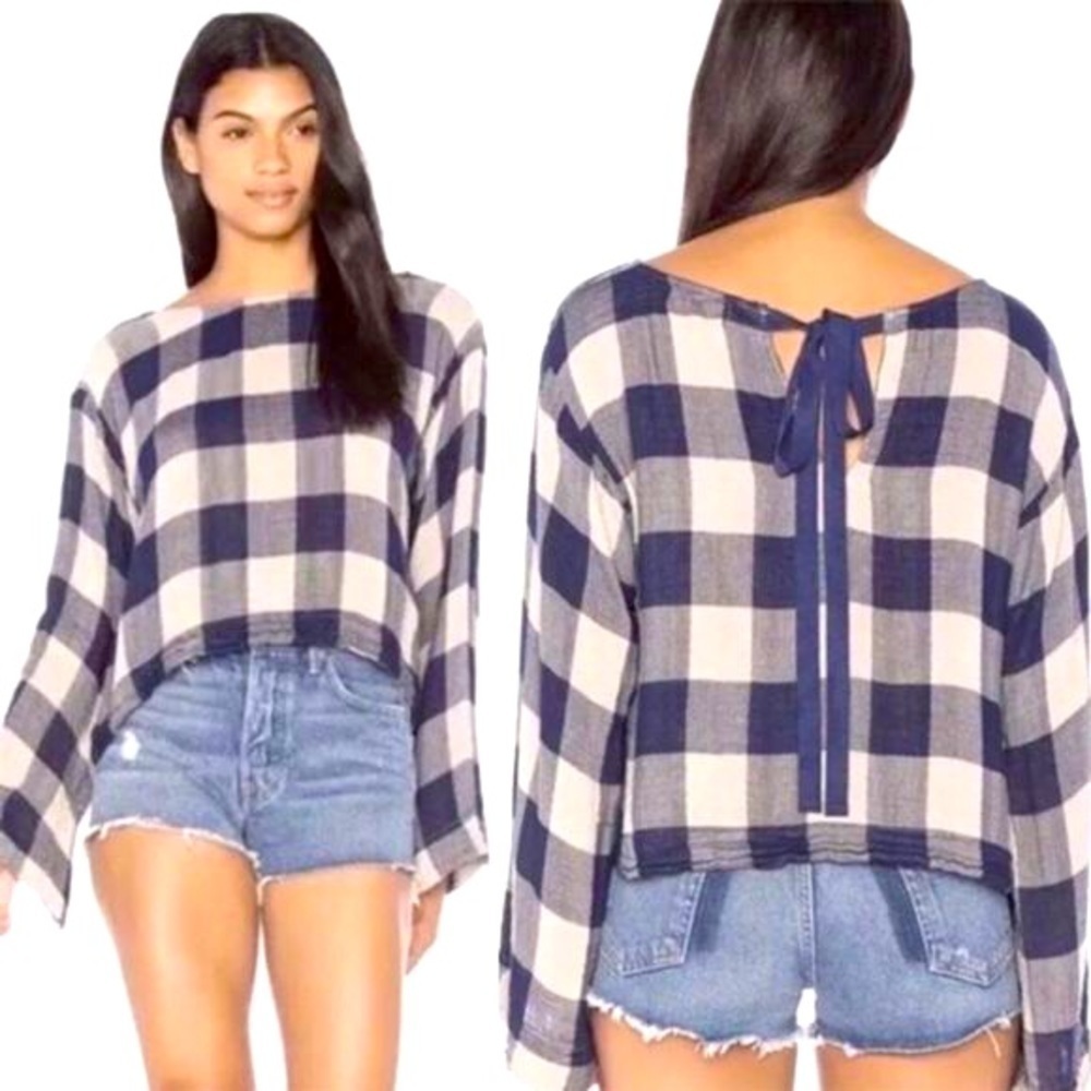 Anthro cloth & stone blue plaid blouse